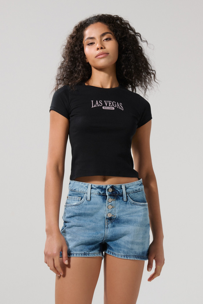 Camiseta college negra acanalada con cuello redondo