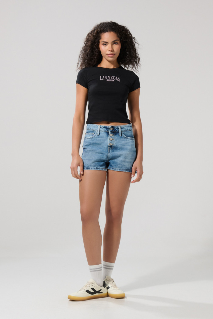 Camiseta college negra acanalada con cuello redondo