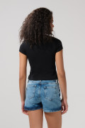 Camiseta college negra acanalada con cuello redondo