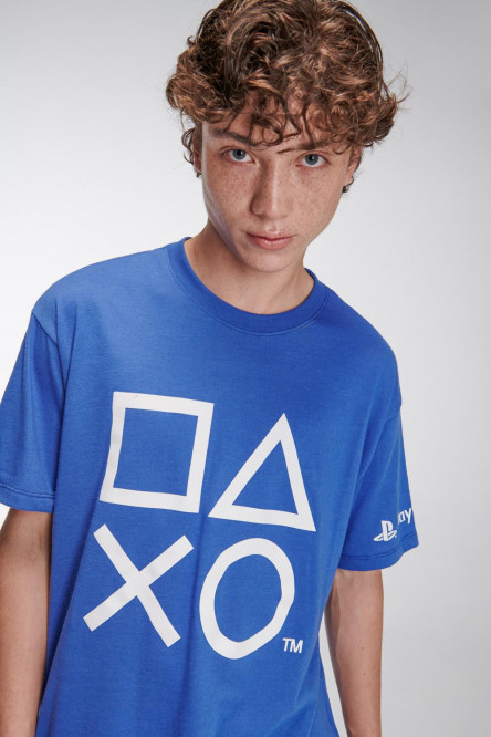 Camiseta azul medio manga corta con estampado de PlayStation