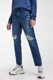 Jean Boyfriend tiro alto azul intenso con rotos