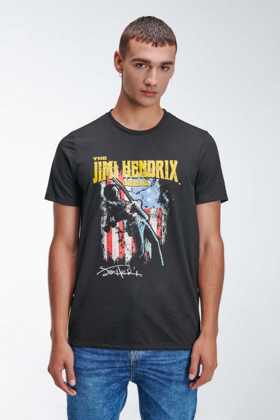 Camiseta manga corta negra con estampado de Jimi Hendrix