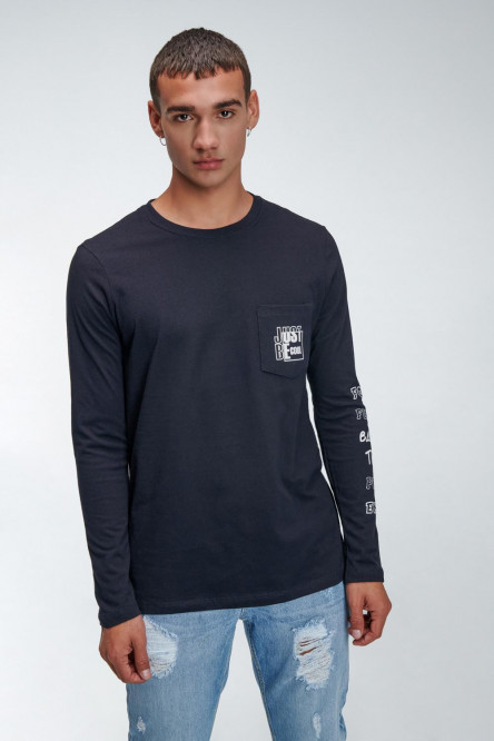 Camiseta, para hombre, manga larga, cuello redondo, bolsillo parche con estampado en bolsillo y manga