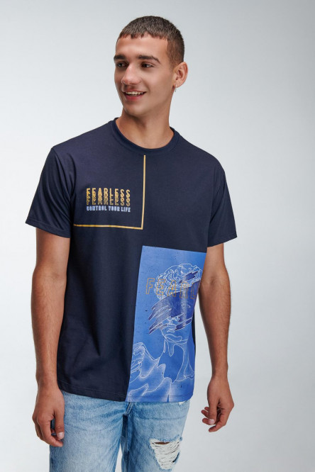 Camiseta manga corta azul intenso con estampados delanteros