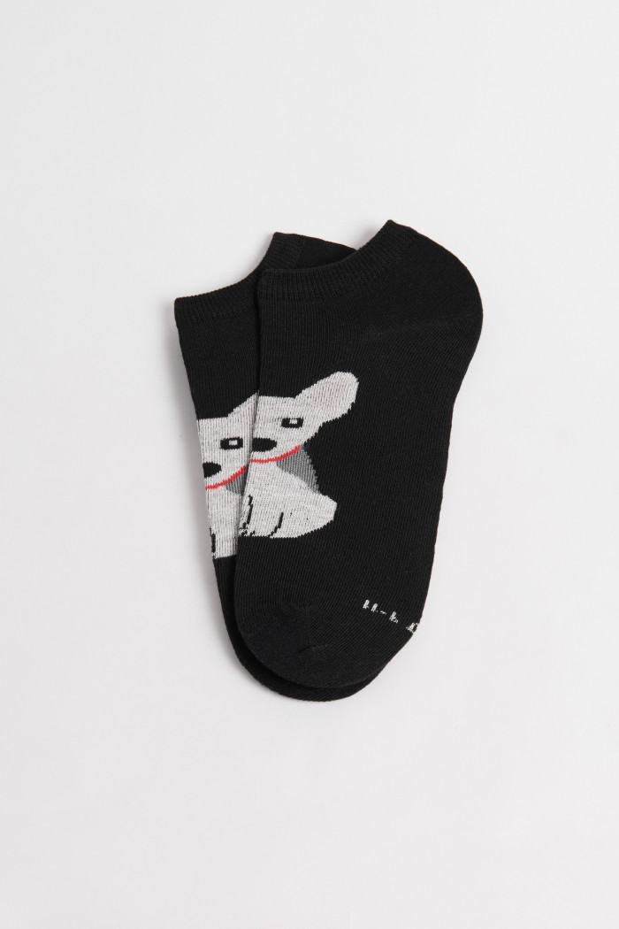 Medias unicolores tobilleras con arte de perrito
