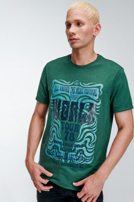 Camiseta cuello redondo verde medio con estampado en frente