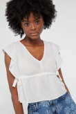 Blusa manga sisa con golas crema clara y cordón en la cintura