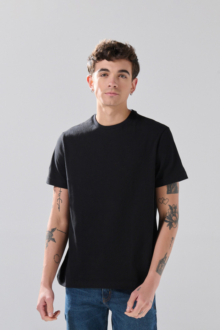 Camiseta unicolor infaltables cuello redondo en algodón

