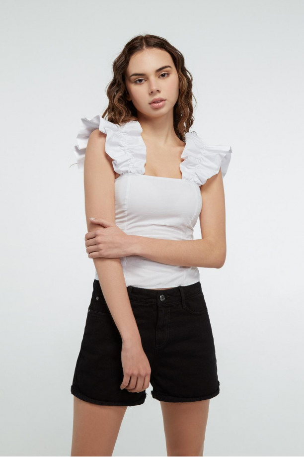 en caso demandante Exclusivo Blusa blanca manga sisa tipo corset con tiras aglobadas