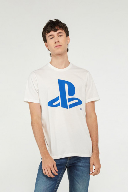 Camiseta manga corta crema claro con estampado azul de PlayStation
