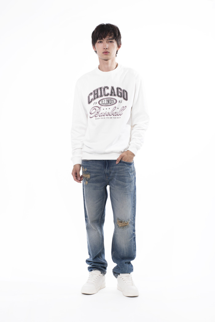 Buzo cuello redondo crema claro con arte college deportivo
