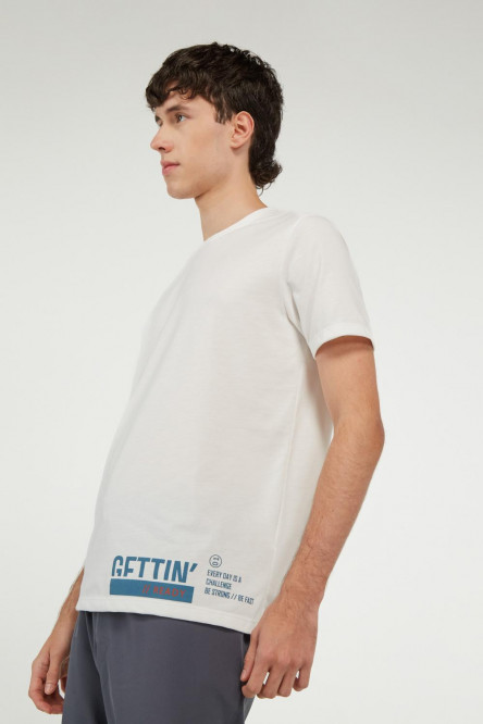Camiseta crema claro estampada con mangas cortas y cuello redondo