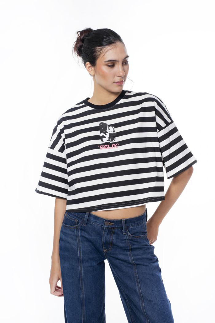 Camiseta oversize crop top crema a rayas de Félix el Gato
