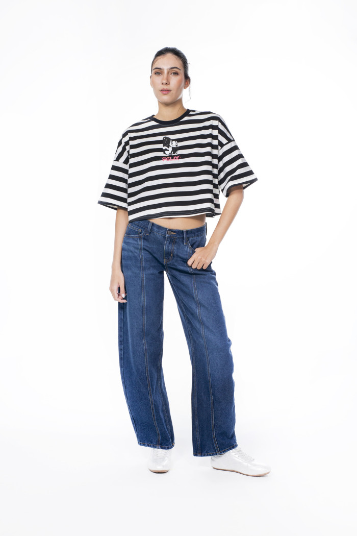 Camiseta oversize crop top crema a rayas de Félix el Gato
