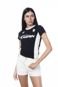Camiseta manga corta negra college con contrastes blancos
