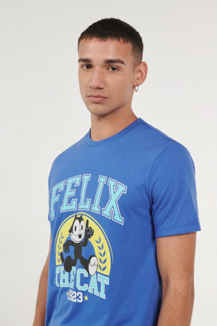 Camiseta azul oscura cuello redondo con estampado de Félix el Gato