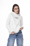 Buzo con capota crema claro oversize y estampados college
