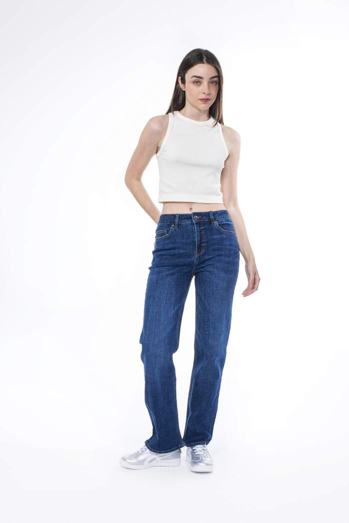 Jean straight leg azul bota recta infaltables con tiro alto
