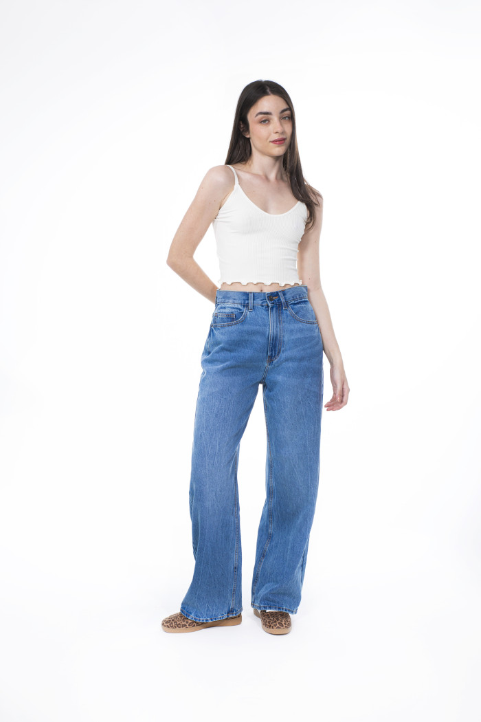 Jean infaltables baggy azul medio con bota ancha y cremallera

