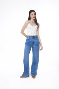 Jean infaltables baggy azul medio con bota ancha y cremallera
