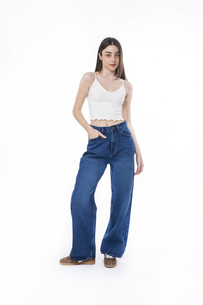 Jean bota ancha baggy infaltables azul oscuro con tiro medio
