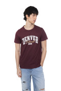 Camiseta cuello redondo roja oscura con texto college
