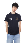 Camiseta azul intensa con cuello redondo y arte college
