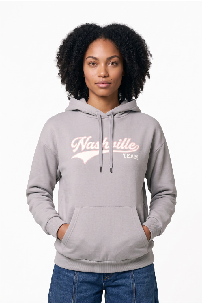Buzo oversize con capota gris medio y diseño college
