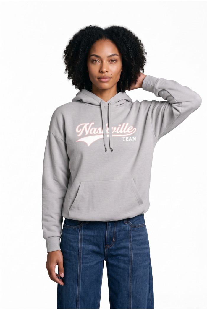 Buzo oversize con capota gris medio y diseño college
