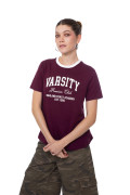 Camiseta cuello redondo roja oscura con arte college
