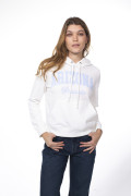 Buzo crema claro con capota y texto college azul