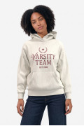 Buzo oversize crema con capota y texto college en frente
