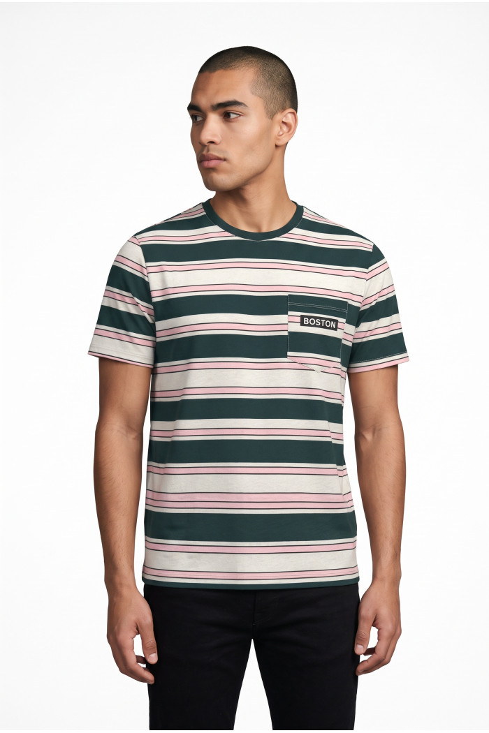 Camiseta a rayas college crema con bolsillo y manga corta
