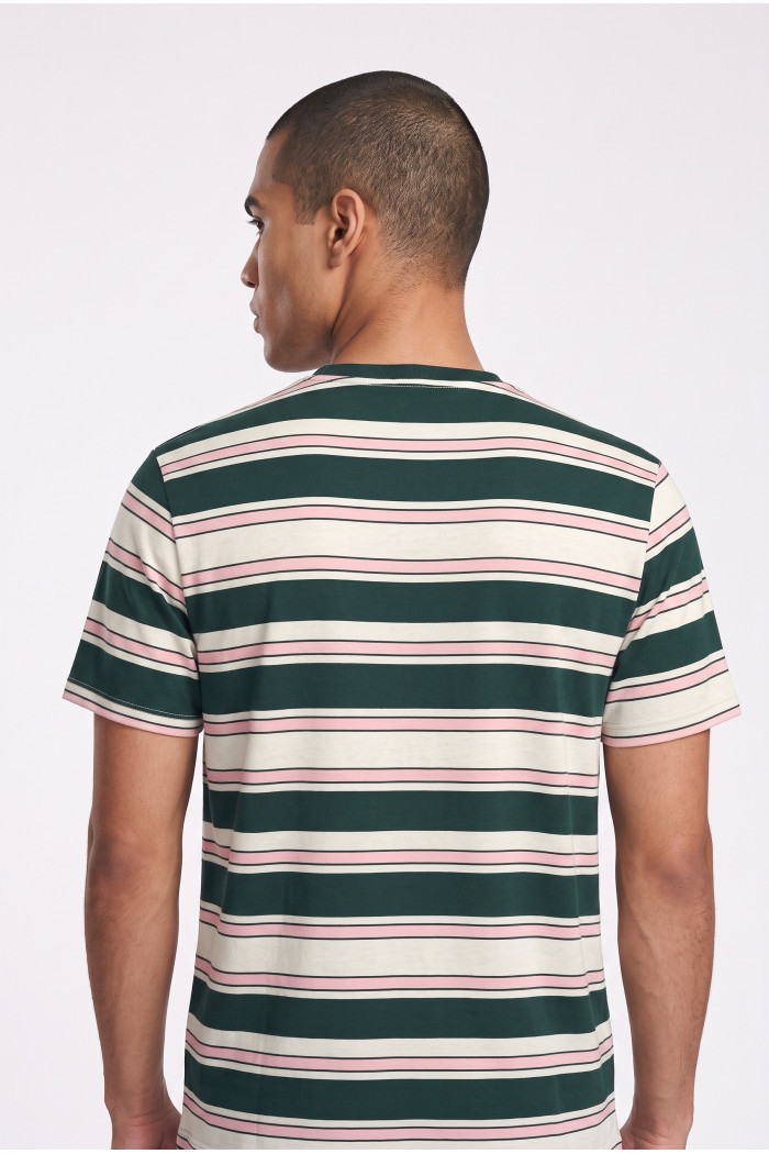 Camiseta a rayas college crema con bolsillo y manga corta
