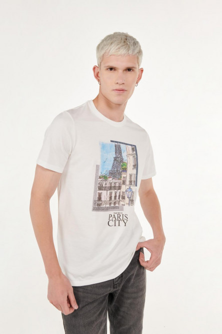 Camiseta manga corta crema claro con estampado de París