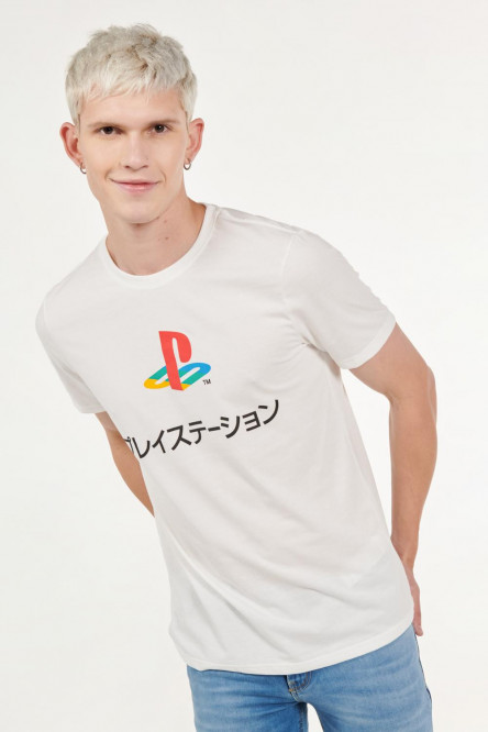 Camiseta cuello redondo crema claro con estampado de PlayStation