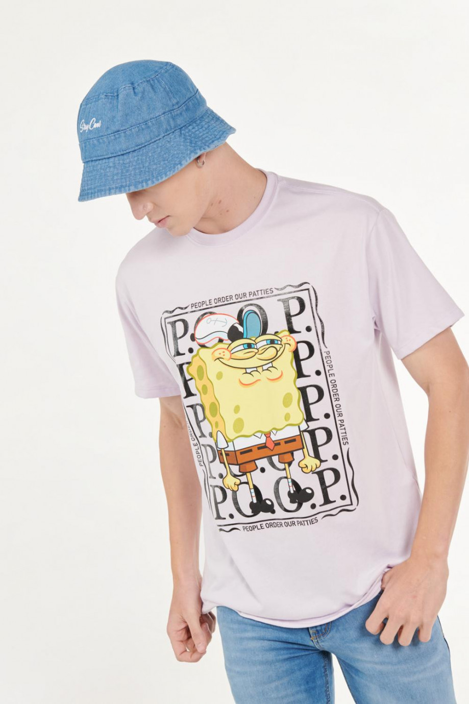 Camiseta manga corta lila claro con estampado de Bob Esponja