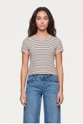 Camiseta manga corta a rayas crema con contrastes rosados
