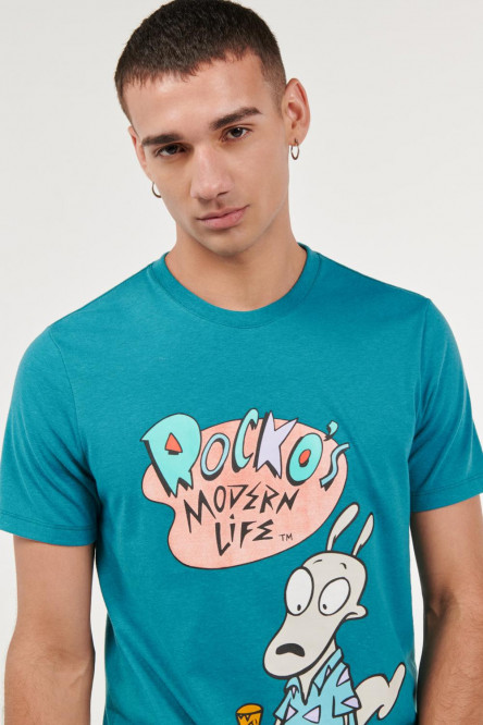 Camiseta manga corta azul verde con diseño de La vida moderna de Rocko