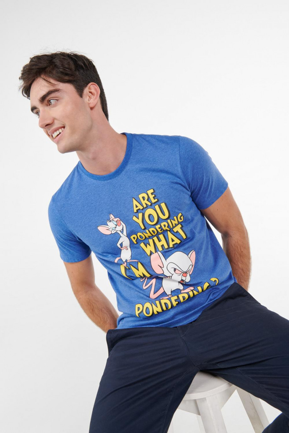 Camiseta azul medio manga corta con estampado de Pinky & Cerebro
