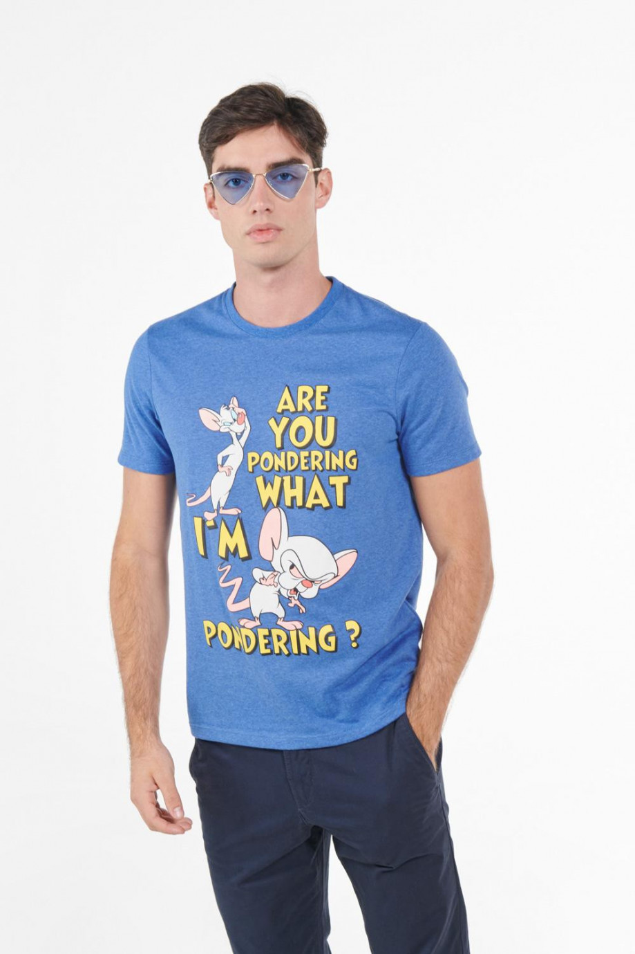 Camiseta azul medio manga corta con estampado de Pinky & Cerebro