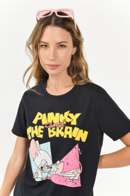 Camiseta azul intensa cuello redondo con estampado de Pinky & Cerebro