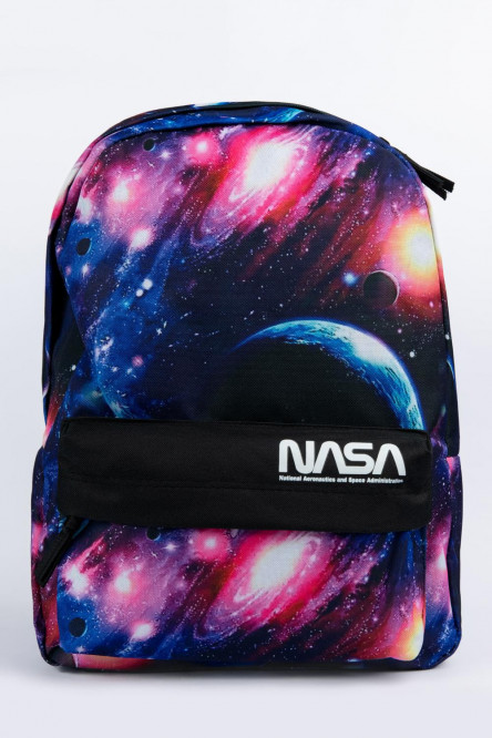 Maleta azul violeta con asas y estampados de NASA