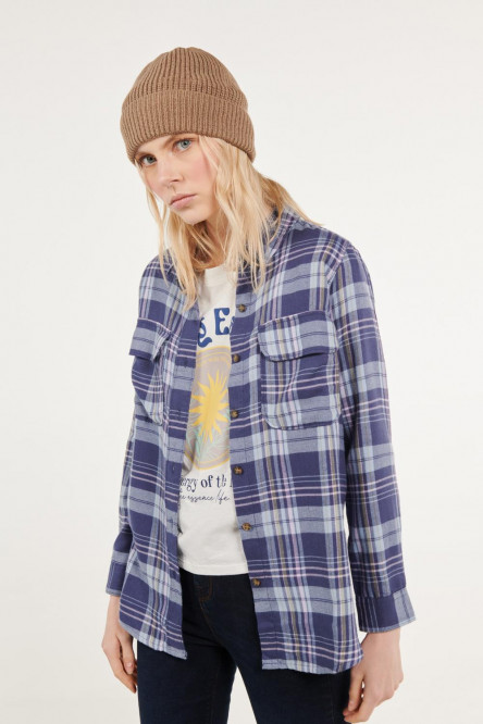 Blusa manga larga unicolor a cuadros con cuello camisero