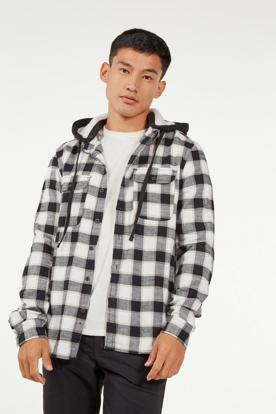 Sobrecamisa manga larga unicolor a cuadros con capota