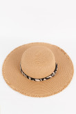 Sombrero de paja para mujer estilo ala ancha color café claro, con lazo decorativo en color contraste.