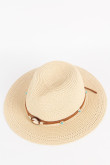Sombrero de paja para mujer estilo fedora color crema, con lazo y apliques decorativos.