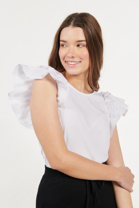 Blusa blanca manga sisa con volantes y escote en espalda