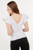Blusa blanca manga sisa con volantes y escote en espalda