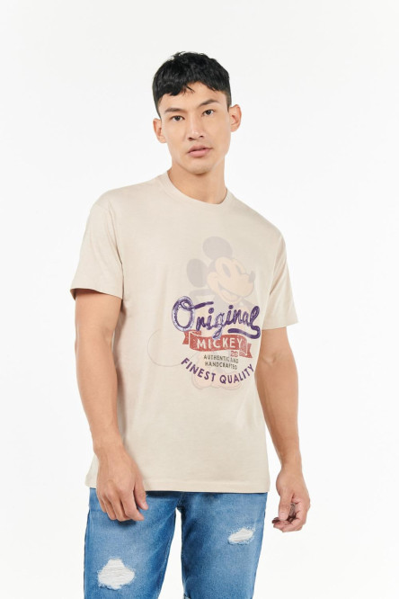 Camiseta cuello redondo kaky claro con diseño de Mickey estampado